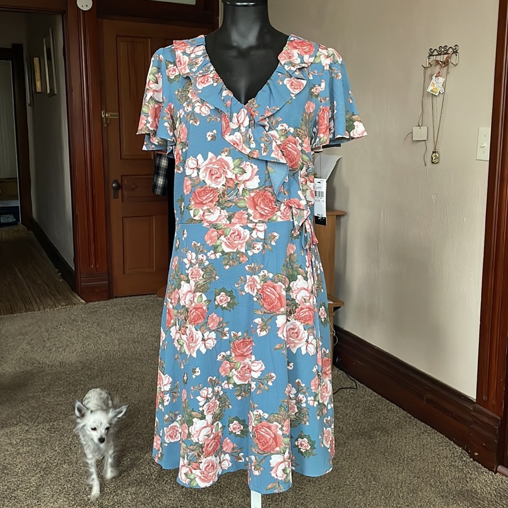 AGB dress floral spring blue with pink roses ruffled neckline down to the waist